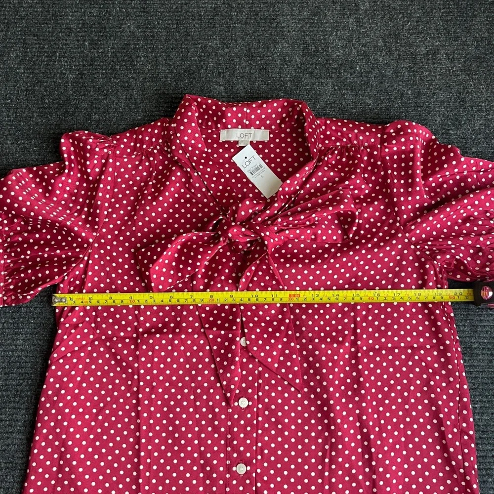 LOFT Polka Dot Blouse Womens Small Red White Tie Neck Puff Sleeve Button Up NEW